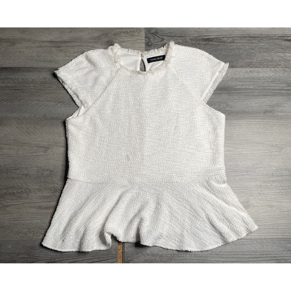 Ivanka Trump Ivory Boucle Tweed Peplum Top Womens Cap Sleeve Fringe ISHHS2388
